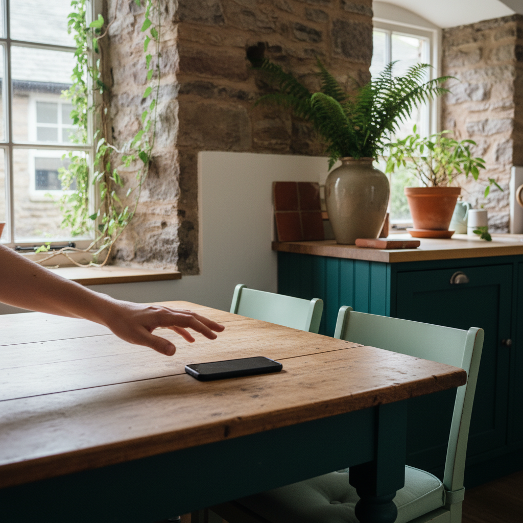 A hand paused mid-air above a phone on a wooden table, the moment before deciding what to do.