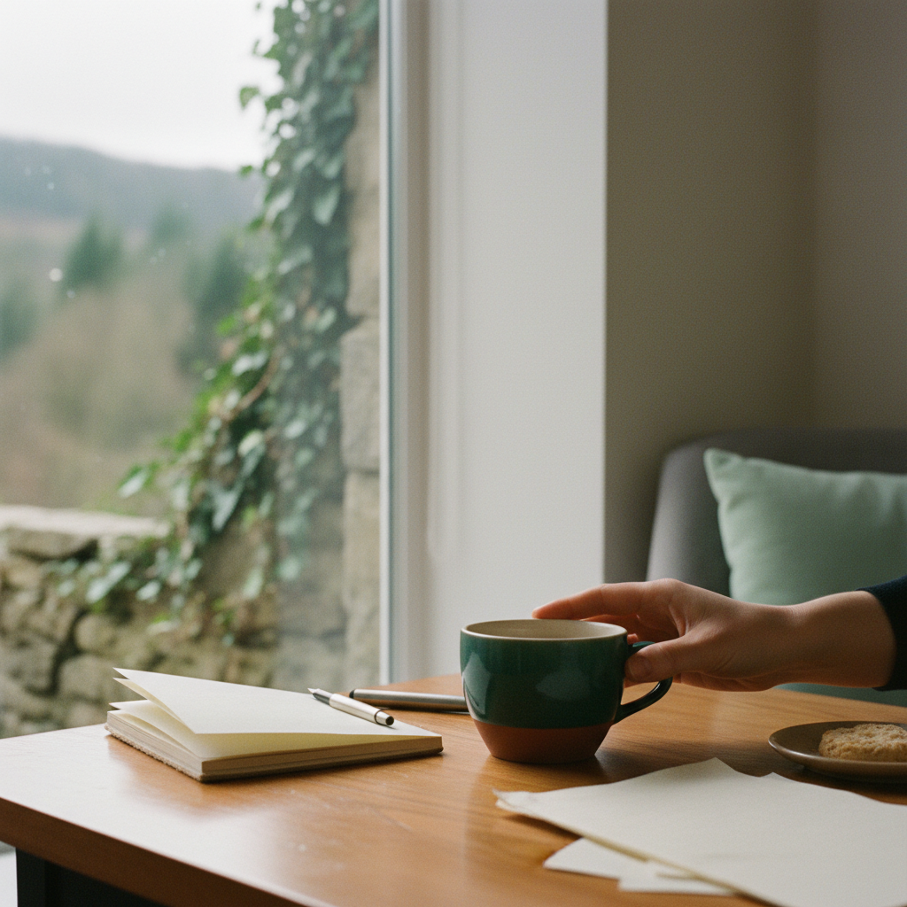 A steady hand placing a teacup beside a notebook on a warm wooden table.