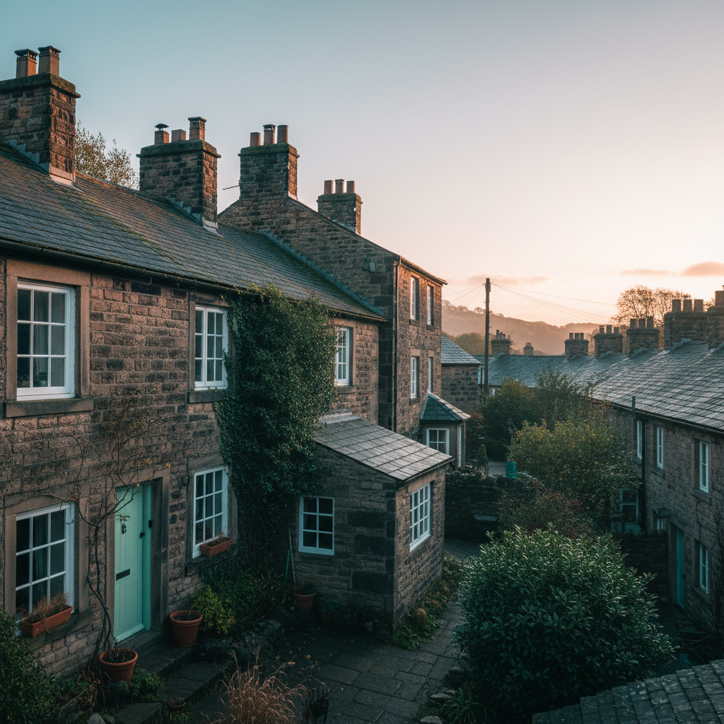 A slow sunrise over Calder Valley rooftops with stone houses and chimneys.