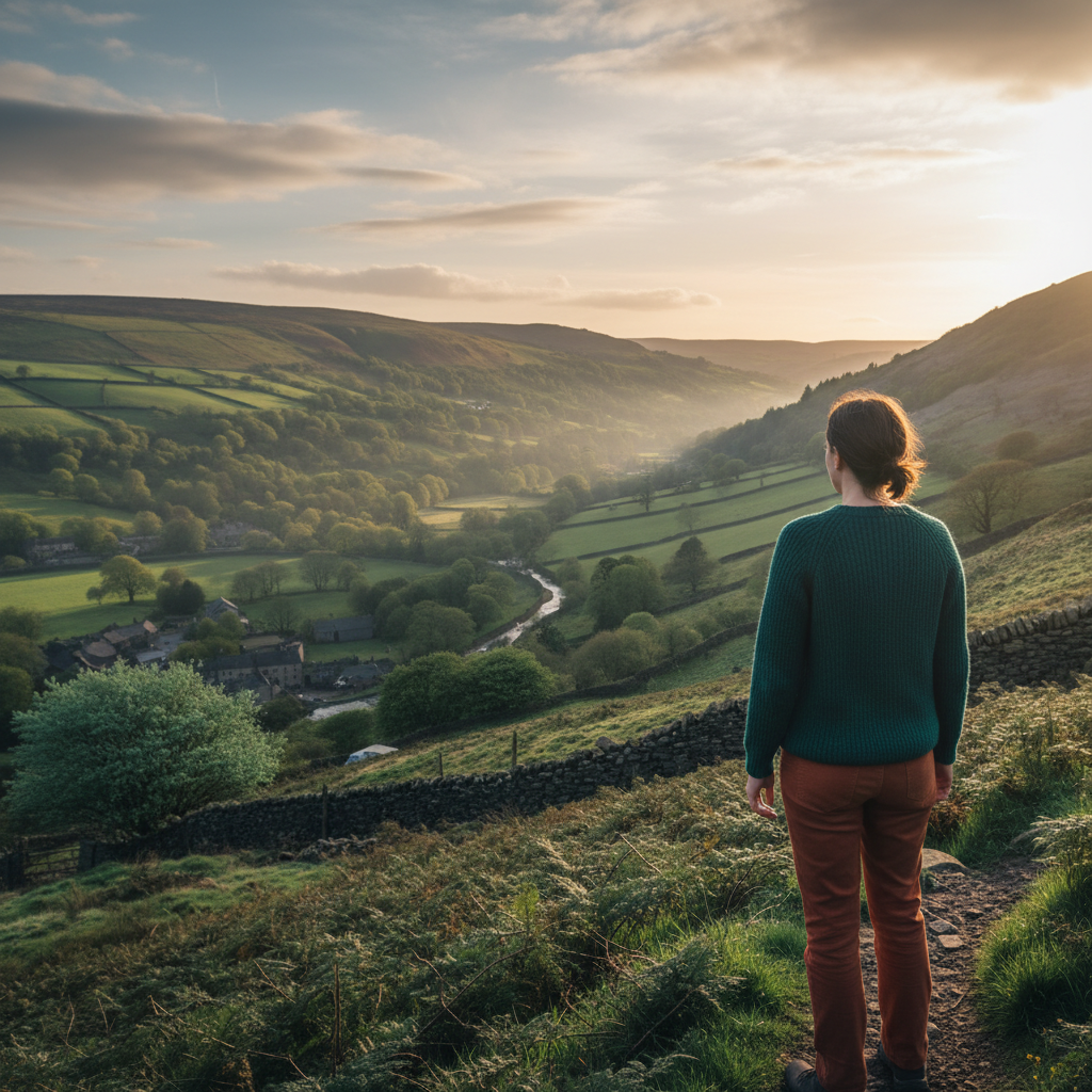 A person on a hillside above Hebden Bridge looking forward with calm shoulders.