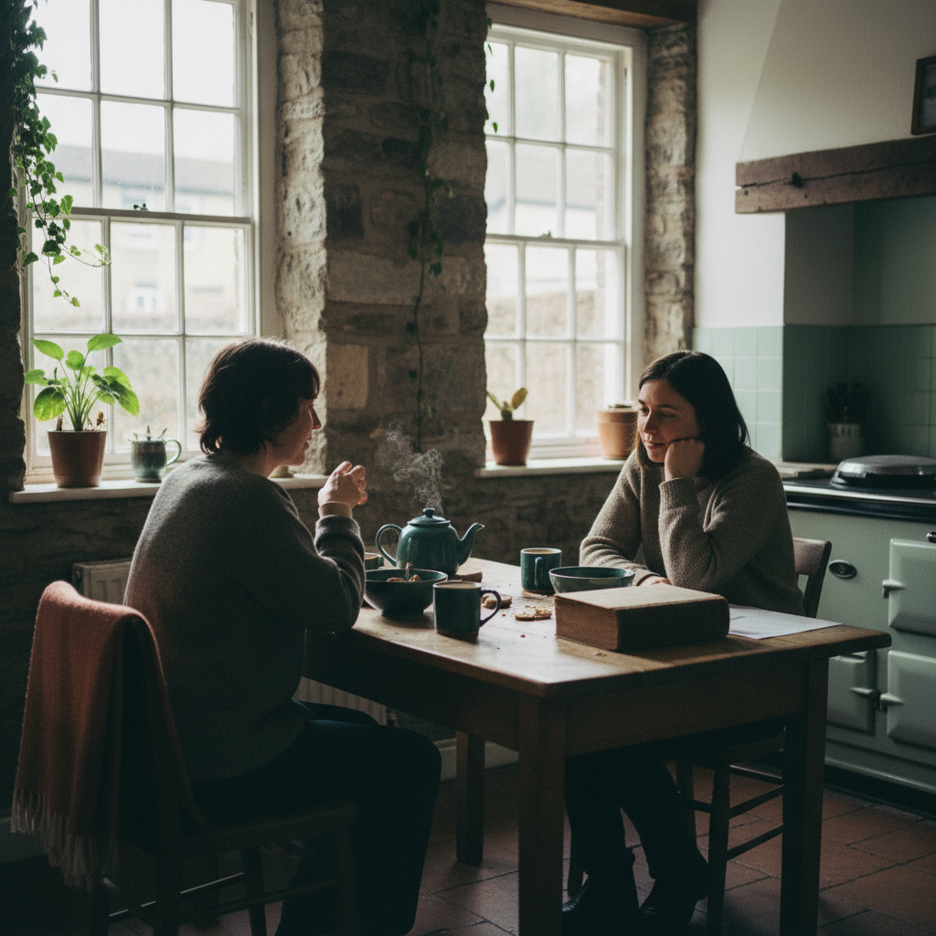 Two figures at a kitchen table, one listening, the other talking softly.